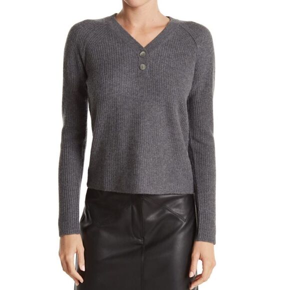 GRIFFEN Cashmere Ribbed Knit Cashmere Raglan Henley Sweater Top, Gray, Large NWT - Picture 1 of 10